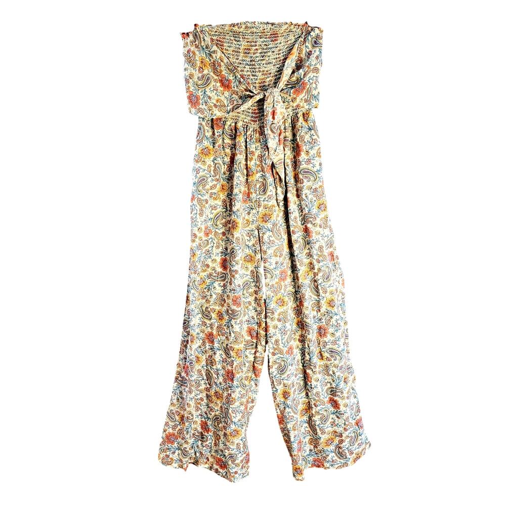 Patrons of Peace Paisley Floral Print Smocked Tie Front Wide Leg Boho Jumpsuit S